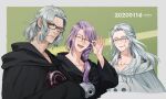  1girl 2boys bangs black-framed_eyewear black_robe braid braided_ponytail dated emet-selch final_fantasy final_fantasy_xiv glasses grey_background grey_hair hair_over_shoulder highres hythlodaeus long_hair looking_at_viewer mask mask_around_neck multiple_boys over-rim_eyewear purple_hair rimless_eyewear semi-rimless_eyewear short_hair silver_hair smile swept_bangs upper_body venat_(ff14) white_robe yellow_eyes yuzukarin 