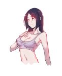  1girl bangs bare_arms bare_shoulders black_hair breasts collarbone fate/grand_order fate_(series) highres long_hair looking_at_viewer minamoto_no_raikou_(fate) pink_hair simple_background solo sports_bra stomach tears upper_body vest white_background xion32 