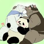  2013 anthro black_body black_eyes black_nose blush brown_bear brown_body embrace giant_panda grizzly_(shirokuma_cafe) grizzly_bear group hug kemono kissing mammal overweight panda-kun paws shirokuma shirokuma_cafe sitting totemoii_029 ursid ursine white_body 