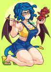  1girl blue_hair blue_overalls cottonwings glasses green_eyes muscular muscular_female overalls paintbrush sandals sculpture shirt shorts snake_hair solo tail thick_thighs thighs wings yellow_shirt 