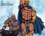  2boys abs arm_behind_head armor armpits bald bara bare_pectorals blue_cape bodypaint braum_(league_of_legends) bulge cape chest_harness dark-skinned_male dark_skin facial_hair feet_out_of_frame harness helmet highres large_pectorals league_of_legends leather looking_at_another male_focus mature_male multiple_boys muscular muscular_male mustache navel nipples pantheon_(league_of_legends) pauldrons pectorals pelvic_curtain ryans short_hair shoulder_armor single_pauldron stomach thick_eyebrows thick_thighs thighs yaoi 