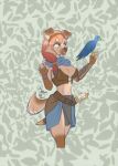  anthro armor avian bird blue_eyes bottomwear brown_body brown_fur canid canine canis clothing domestic_dog female fur hair hi_res humanoid hunting_dog leather leather_clothing mammal matt_the_rain melee_weapon neckwear red_hair skirt smile solo sword weapon 