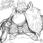  2014 anthro armor biped japanese_text kemono lagomorph leporid mammal melee_weapon overweight rabbit shield simple_background solo sword text totemoii_029 weapon white_background 