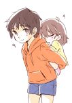  1boy 1girl ahoge bangs blue_shorts brother_and_sister brown_eyes brown_hair carrying character_age child closed_mouth commentary_request eyebrows_visible_through_hair highres hood hoodie kyon kyon_no_imouto long_sleeves open_mouth orange_hoodie piggyback pink_legwear shirt short_hair shorts siblings simple_background sleeping smile standing suzumiya_haruhi_no_yuuutsu taiki_(6240taiki) white_background yellow_shirt younger 
