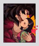  1boy 1girl ;d absurdres black_hair blush body_fur chi-chi_(dragon_ball) child chinese_clothes closed_eyes commentary couple db_jolimu dougi dragon_ball dragon_ball_gt earrings fingernails flower heart highres holding hug husband_and_wife jewelry lifted_by_another monkey_boy monkey_tail motherly one_eye_closed open_mouth red_fur saiyan smile son_goku spiked_hair super_saiyan super_saiyan_4 symbol-only_commentary tail 