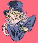  1boy alcohol blonde_hair bottle capelet chibi dio_brando feather_collar hat jojo_no_kimyou_na_bouken jonya male_focus phantom_blood red_eyes reverse_grip solo top_hat 