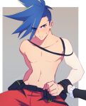  1boy 723_(tobi) black_gloves blue_eyes blue_hair blush detached_sleeves firefighter galo_thymos gloves green_hair half_gloves highres lio_fotia mad_burnish male_focus pectorals pov promare purple_eyes sidecut single_detached_sleeve spiked_hair topless_male 