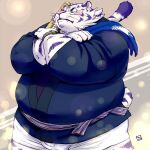  1:1 2013 anthro belly blush bottomwear bulge clothing cute_fangs felid humanoid_hands japanese_text kemono male mammal overweight overweight_male pantherine pink_nose shorts solo text tiger totemoii_029 white_body 