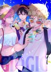  1girl 2boys 723_(tobi) backpack bag bangs bare_shoulders black_hair black_shirt blonde_hair blue_eyes blue_nails blue_shorts blue_sky braid braided_ponytail cup drinking drinking_straw earrings food giorno_giovanna hat highres holding holding_cup holding_food hot_dog jewelry jojo_no_kimyou_na_bouken juice lace lace_panties long_hair looking_at_viewer multiple_boys nail_polish narancia_ghirga outdoors panties petals pink_hair ponytail popsicle purple_eyes shirt short_hair short_sleeves shorts sky sleeveless sleeveless_shirt straw_hat sunglasses trish_una underwear vento_aureo white_panties white_shirt 