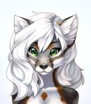  anthro bangs bare_shoulders black_nose brown_body brown_fur bust_portrait canid canine cheek_tuft facial_tuft female fur green_eyes grey_fox hair hi_res inner_ear_fluff lexa_frost_(frosted~fox) long_hair looking_at_viewer mammal multicolored_body multicolored_fur portrait simple_background solo talilly tuft two_tone_body two_tone_fur urocyon white_background white_body white_fur white_hair 