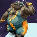  1:1 2013 anthro armpit_hair belly body_hair fighting_ring humanoid_hands kemono male mammal mask moobs overweight overweight_male solo suid suina sus_(pig) totemoii_029 wild_boar wrestling_singlet 