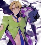  1boy 723_(tobi) bangs blonde_hair closed_mouth green_jacket jacket jojo_no_kimyou_na_bouken long_sleeves looking_at_viewer medium_hair necktie pannacotta_fugo purple_eyes purple_haze_(stand) purple_necktie simple_background smoke solo v-shaped_eyebrows vento_aureo white_background 