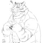  1:1 2015 anthro clothed clothing felid kemono male mammal monochrome open_clothing open_shirt open_topwear pantherine paws rubik&#039;s_cube shirt simple_background slightly_chubby solo tiger tongue tongue_out topwear totemoii_029 white_background 
