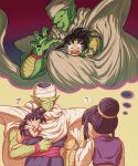  1girl 2boys artist_request baby black_hair cape chi-chi_(dragon_ball) colored_skin commentary_request dragon_ball dragon_ball_z green_skin heart highres holding_person imagining mother_and_son multiple_boys piccolo pointy_ears son_gohan spiked_hair turban 