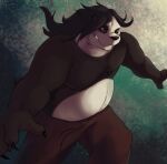  anthro black_body black_fur black_hair black_nose bottomwear brown_eyes carbontrap claws clothed clothing featureless_chest fur giant_panda hair hi_res long_hair male mammal pants solo teeth topless ursid vixmuyo white_body white_fur 