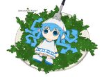  1girl absurdres bangs blue_eyes blue_hair confused dot_mouth dress english_text eyebrows_visible_through_hair food fork hat highres ikamusume knifed long_hair milllka_100 monster_girl plate shinryaku!_ikamusume simple_background solo squid_hat tentacle_hair white_dress white_footwear 