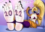  2022 4_toes absurd_res anthro barefoot blonde_hair chinese_zodiac claws clothed clothing confettish digital_media_(artwork) feet felid female foot_fetish foot_focus fur hair hi_res holidays humanoid_feet jew-le mammal new_year ninja pantherine solo the_dark_mangaka tiger toe_claws toes warrior yellow_eyes 