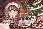  1girl antlers bangs bell blue_eyes bow brick_wall brown_hair cake christmas christmas_ornaments christmas_tree closed_mouth commentary_request english_text eyebrows_visible_through_hair food fur_collar garland_(decoration) gift ground_vehicle hat head_rest highres inou_takashi long_hair looking_at_viewer merry_christmas motor_vehicle original red_bow red_headwear reindeer santa_hat sleigh smile solo star_ornament vehicle_request wreath 