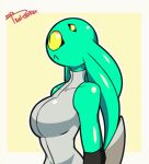  animated anthro big_breasts blush breasts claws clothed clothing devala_monster_girl digital_drawing_(artwork) digital_media_(artwork) english_text female fingers green_body hair looking_at_viewer monster non-mammal_breasts not_furry pk_artist short_playtime signature simple_background smile solo text topwear yelow_eyes 