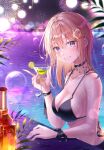  1girl absurdres aerial_fireworks bikini black_bikini blonde_hair blue_eyes breasts cleavage cup fireworks grin highres holding holding_cup hololive hololive_english lisa_78 looking_at_viewer pool smile solo swimsuit upper_body virtual_youtuber watson_amelia wet 