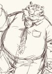  2018 anthro belly bottomwear clothing eyes_closed felid kemono male mammal necktie overweight overweight_male pantherine pants simple_background sketch solo tiger totemoii_029 