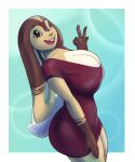  5:6 anthro big_breasts breasts buckteeth cleavage clothed clothing conditional_dnp dress female fingers hi_res lagomorph leporid mammal multicolored_body rabbit solo teeth xopachi 