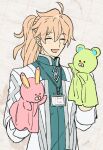  1boy ahoge bangs bear bunny chaldea_uniform closed_eyes commentary_request eyebrows_visible_through_hair fate/grand_order fate_(series) hand_puppet labcoat lanyard light_blush long_hair long_sleeves male_focus open_mouth ponytail puppet romani_archaman smile solo upper_body wada_arco 
