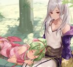  2girls bare_shoulders breasts brown_eyes cleavage closed_eyes collarbone dappled_sunlight dress fire_emblem fire_emblem:_mystery_of_the_emblem fire_emblem_awakening fire_emblem_heroes green_hair haru_(nakajou-28) long_hair long_sleeves lying_on_lap lying_on_person medium_breasts multiple_girls off_shoulder on_lap outdoors pink_dress pointy_ears ponytail robe robin_(fire_emblem) robin_(fire_emblem)_(female) shirt short_dress side_slit sleeping sleeping_on_person sleeveless sleeveless_shirt stone_floor sunlight tiki_(fire_emblem) twintails white_hair 