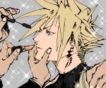  1boy absurdres applying_makeup blonde_hair blue_eyes cloud_strife cosmetics expressionless eyeliner final_fantasy final_fantasy_vii grabbing_another&#039;s_chin hand_on_another&#039;s_chin hands highres jonya lipgloss lipstick_tube makeup male_focus out_of_frame profile shoulder_grab solo_focus spiked_hair 