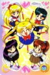  5girls aino_minako bishoujo_senshi_sailor_moon blue_skirt bow chibi closed_eyes crossed_arms highres hino_rei kino_makoto mizuno_ami multiple_girls official_art open_mouth purple_hair red_bow retro_artstyle scan school_uniform skirt tsukino_usagi 