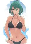  1girl ahoge asymmetrical_hair bikini black_bikini blush breasts cleavage commentary contrapposto cowboy_shot dead_or_alive earrings eyebrows_visible_through_hair green_eyes green_hair hair_between_eyes hand_on_hip hand_to_own_mouth jewelry konishiki_(52siki) lips looking_at_viewer medium_breasts mole mole_under_eye multicolored_hair navel parted_lips pink_hair short_hair smile solo standing stomach streaked_hair swimsuit tamaki_(doa) two-tone_hair 