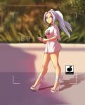  1girl artist_logo artist_name bare_legs boku_no_hero_academia breasts cellphone character_name cross-laced_footwear cross-laced_sandals earrings eri_(boku_no_hero_academia) highres holding holding_phone jewelry linkartoon long_hair looking_back outdoors phone ponytail red_eyes sandals shirt short_sleeves smartphone solo t-shirt viewfinder wedge_heels white_footwear white_hair 