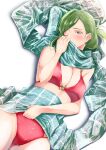  1girl absurdres akane_(getwild23) bare_arms bare_shoulders bikini breasts commentary_request folded_ponytail green_eyes green_hair green_scarf highres idolmaster idolmaster_shiny_colors large_breasts looking_at_viewer lying nanakusa_hazuki on_back one_eye_closed plaid plaid_scarf red_bikini scarf solo string_bikini swimsuit 