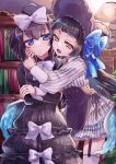  2girls :o black_dress black_hair blue_bow blue_eyes bonnet bookshelf bow brown_eyes chandelure crossed_arms dress dress_bow drill_hair garter_straps gothitelle hair_bow highres hug indoors lamp long_hair multiple_girls personification pokemon saeki_(pixiv_70169809) shirt standing striped striped_shirt white_bow white_legwear 