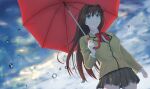  1girl absurdres anianiani0607 aozaki_aoko aqua_eyes bangs blazer bow bowtie breasts brown_hair brown_jacket brown_skirt buttons cloud cloudy_sky commentary_request floating_hair hair_between_eyes hair_intakes highres holding holding_umbrella jacket long_hair long_sleeves looking_at_viewer mahou_tsukai_no_yoru medium_breasts miniskirt outdoors parted_lips pleated_skirt pocket rain red_bow red_umbrella school_uniform shirt sidelocks skirt sky solo umbrella uniform upper_body very_long_hair water_drop white_shirt 
