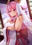  1girl arm_up armpits blurry blurry_background blush breasts closed_mouth commentary depth_of_field detached_sleeves fino_ko gem genshin_impact hair_between_eyes hair_ornament highres indoors japanese_clothes kimono large_breasts long_hair looking_at_viewer miko nail_polish pink_hair pink_lips purple_eyes purple_nails sideboob smile solo sweat upper_body very_long_hair wide_sleeves yae_(genshin_impact) 