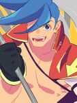  1boy blue_eyes blue_hair cape flag galo_thymos gloves hair_over_one_eye highres holding holding_polearm holding_weapon jonya male_focus matoi polearm promare sidecut solo spiked_hair topless_male weapon 