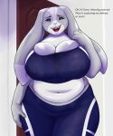  5:6 anthro big_breasts breasts cleavage clothed clothing conditional_dnp dialogue english_text female hi_res lagomorph leporid mammal multicolored_body nipple_outline panties rabbit solo teeth text two_tone_body underwear xopachi 