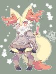  1girl absurdres animal_ear_fluff animal_ears arm_behind_back black_fur blush braixen breasts brown_legwear clenched_teeth clothed_pokemon dated embarrassed fox_ears fox_tail full_body furry furry_female green_background hand_on_hip highres looking_at_viewer multicolored_fur off-shoulder_sweater off_shoulder open_mouth orange_eyes orange_fur outline pigeon-toed pokemon pokemon_(creature) red_nose shiongaze signature simple_background sleeves_past_wrists slit_pupils small_breasts solo standing star_(symbol) sweater symbol-only_commentary tail teeth thigh_gap thighhighs tsurime white_fur white_outline wide_hips yellow_fur 