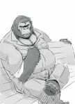  anthro ape belly bench bottomwear bulge clothing gorilla haplorhine humanoid_hands kemono male mammal meme overweight overweight_male pants primate shirt sitting solo topwear totemoii_029 yaranaika 