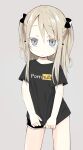  1girl black_bow black_shirt bow child clothes_writing colored_eyelashes copyright_request cowboy_shot expressionless grey_background grey_eyes hair_bow highres light_brown_hair long_hair looking_at_viewer nanoningen_(anapoko) pornhub shirt short_sleeves simple_background solo standing t-shirt 