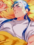  1boy blue_hair casual cu_chulainn_(fate) earrings fate/grand_order fate/hollow_ataraxia fate/stay_night fate_(series) highres jewelry jonya long_hair lying male_focus on_back pillow sleeping solo under_covers 