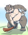  anthro belly blush briefs canid canine canis clothing domestic_dog eyebrows fur grey_body grey_fur lifewonders male mammal moritaka musclegut muscular_arms navel nipples pecs practice_sword scar solo takagi_kyou thick_eyebrows tighty_whities tokyo_afterschool_summoners underwear video_games white_clothing white_underwear wooden_sword 