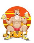  2022 alcohol anthro beer beverage bottomwear bulge canid canine canis clothing domestic_dog drunk felid footwear gaouu hi_res himbo male mammal muscular new_year_2022 pantherine pongotora shiba_inu shirtless shoes shorts sneakers socks solo spitz substance_intoxication tiger tora toramaru 