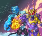  2boys animal_hood barid_rex barid_vice blizzard blue_armor blue_eyes bodysuit clenched_hands demon_boy extra_eyes flame_print gloves gold_horns highres hood huujyu ice kamen_rider kamen_rider_revi kamen_rider_revice kamen_rider_vice multiple_boys purple_armor purple_bodysuit red_eyes revice_driver rex_genome rider_belt sharp_teeth teeth vistamp volcano_genome volcano_rex yellow_eyes yellow_gloves 