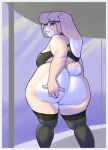  anthro big_butt border bra breasts butt clothing conditional_dnp eyewear female fur glasses grey_border hi_res holding_butt huge_butt lagomorph legwear leporid looking_at_viewer looking_back looking_back_at_viewer mammal multicolored_body multicolored_fur old rabbit solo standing thick_thighs thigh_highs two_tone_body two_tone_fur underwear wide_hips xopachi 