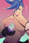  1boy blue_eyes blue_hair chromatic_aberration detached_sleeves fire galo_thymos gloves gradient gradient_background green_background green_fire highres jonya male_focus pectorals promare purple_background purple_fire pyrokinesis sidecut single_detached_sleeve smile solo spiked_hair topless_male translated 