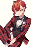 1boy blue_eyes flannel formal highres kenpin looking_at_viewer looking_to_the_side necktie pale_skin red_hair riddle_rosehearts school_uniform solo striped suit twisted_wonderland 