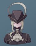 1girl ascot bangs black_coat black_headwear bloodborne blue_background coat commentary cropped_shoulders feathers gem green_eyes hat hat_feather highres iccoco lady_maria_of_the_astral_clocktower long_hair looking_at_viewer ponytail simple_background smile solo tricorne upper_body white_ascot 