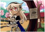  1girl black_hairband blue_cape blue_sky boulder cape cherry_blossoms cloud commission corrin_(fire_emblem) corrin_(fire_emblem)_(female) fence fire_emblem fire_emblem_fates frown grass hairband long_hair looking_at_viewer missing_poster mountain pet_rock platinum_blonde_hair pointy_ears red_eyes sad setz sky slit_pupils teardrop tree 
